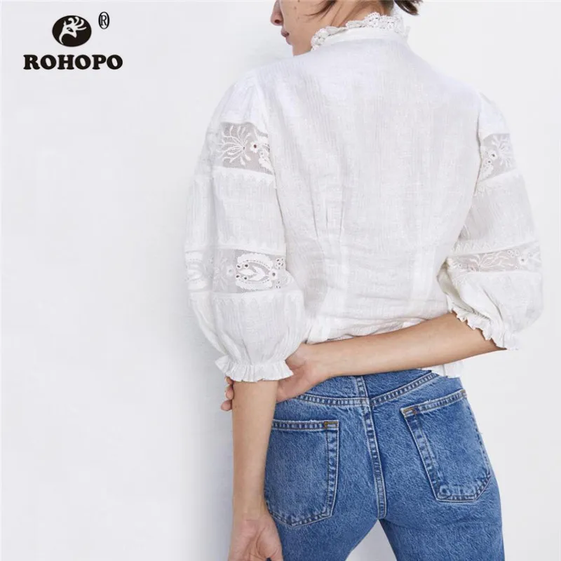 ROHOPO Осенняя шикарная хлопковая блузка с круглым вырезом и рукавами до локтя