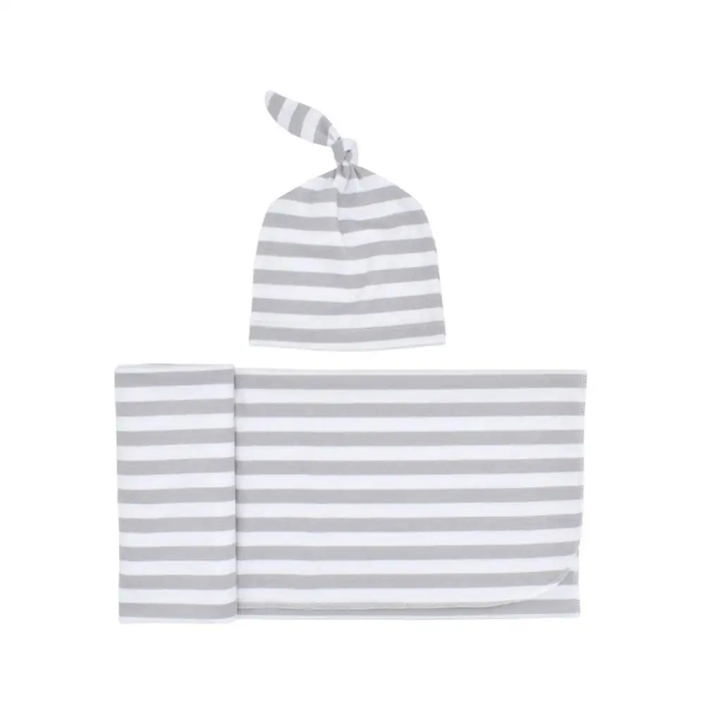 

Hot Sale 60% 2Pcs/Set Newborn Baby Blanket Beanie Striped Swaddle Baby Blanket Knot Beanie Newborn Infant Photo Prop New