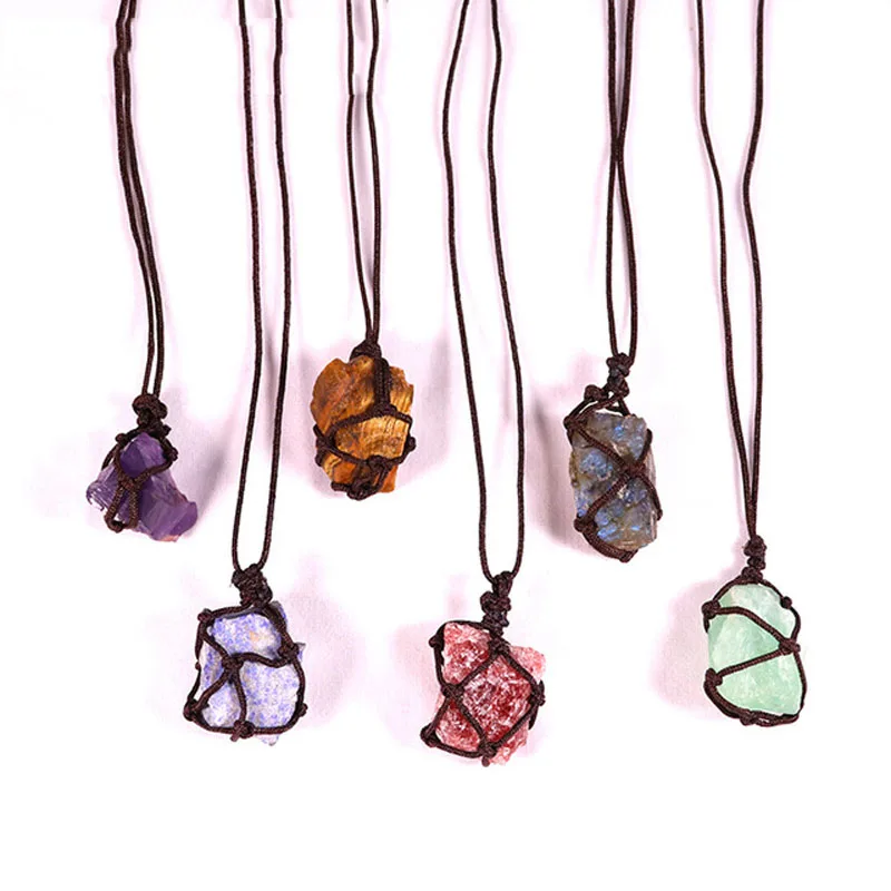 

Natural Crystal Quartz Raw Net Pocket Pendant Crystal Necklace Healing Stone Reiki Hangings Craft Home Decoration Crafts