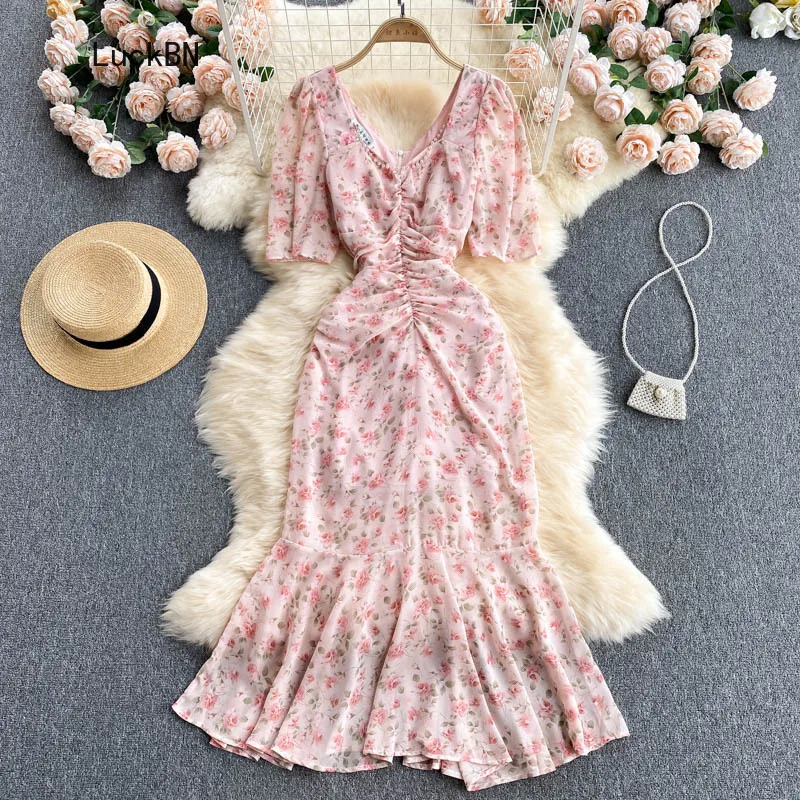

Short Sleeve Prom Party Dress Brand Pink Floral Print Dinner Dresses Women Fishtail Sexy Pleat Bodycon Long Dress beads Vestido
