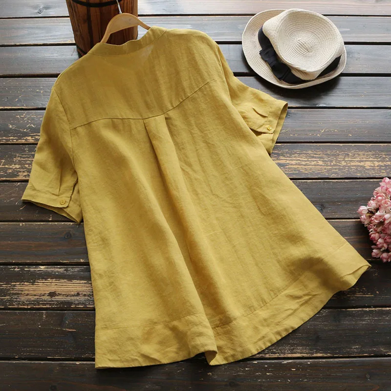 4548 Summer Women Japan Style Cotton Linen Stand Collar Top Embroidery Short Sleeve Blouse Big Size Loose A-Line | Женская одежда
