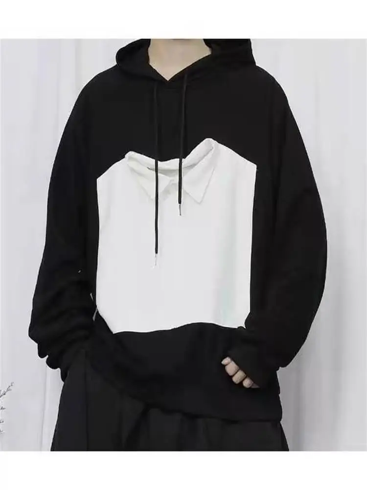 Men's new black and white splicing fake two design hooded casual loose large size hoodie