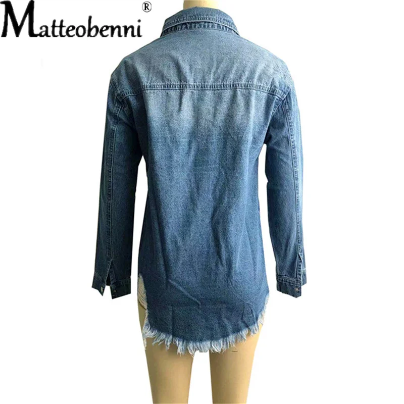 

Women Casual Denim Jackets Long Sleeve Lapel Single-Breasted Washed Irregular Hem Ripped Tassel Hole Fitting Pockets Jacket Coat