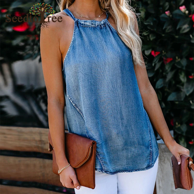 Женский джинсовый топ на бретельках однотонный Повседневный Топ без рукавов с