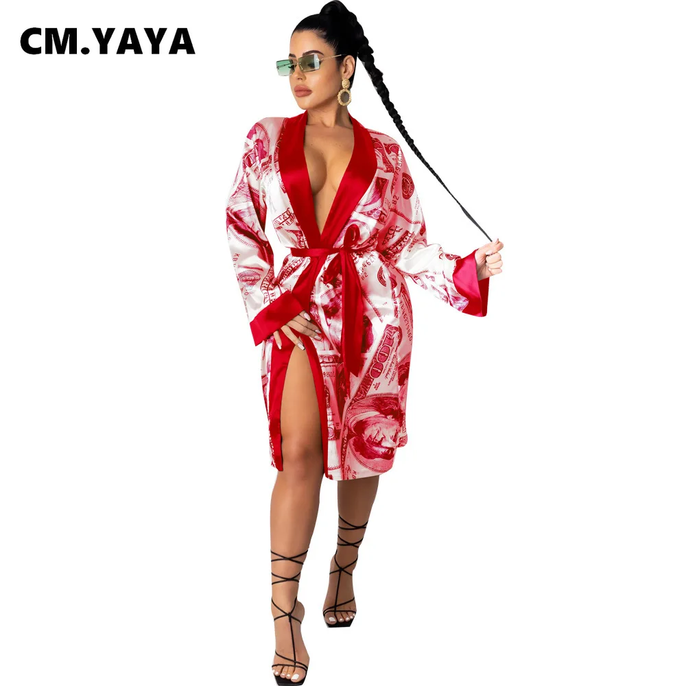 CM.YAYA Women Autumn Winter Benjamin US Dollar Print Open Stitch With Sashes Sleepwear Dress Bodycon Night Club Party Vestidos | Женская