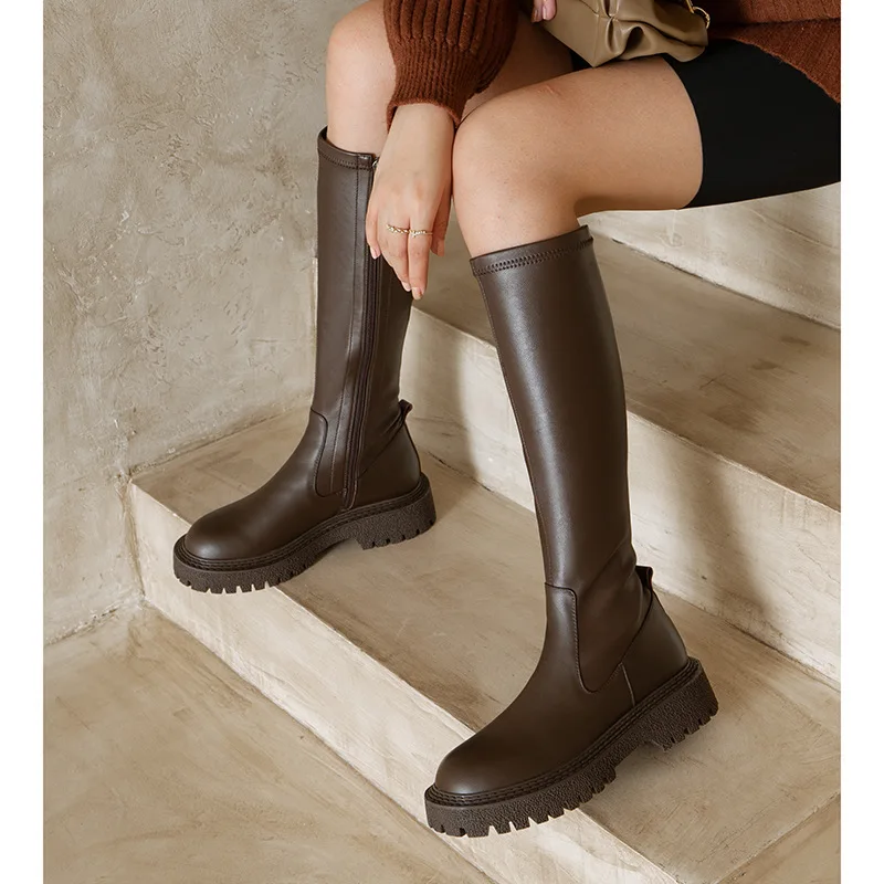 

2022 Winter Brand Women's Long Boots Knee High Boot Luxury Chelsea Chunky Platform Shoes Zipper Round Toe Booties Med Calf Shoes