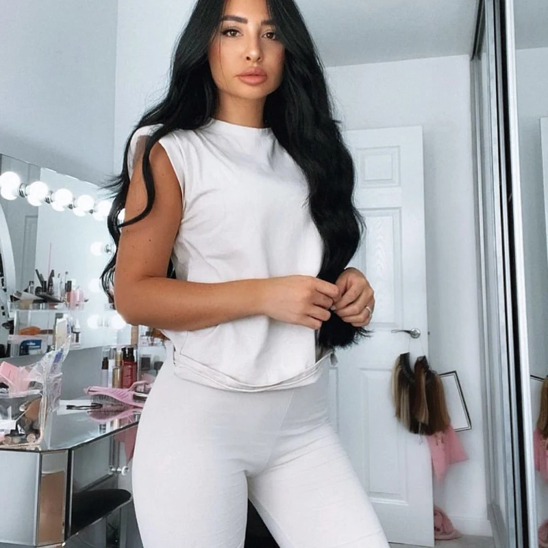 

Suit Women's Spring and Summer New Sleeveless Shoulder Pad Solid Color T-Shirt Two-Piece Set Home Loose Sports Fashion Leisure