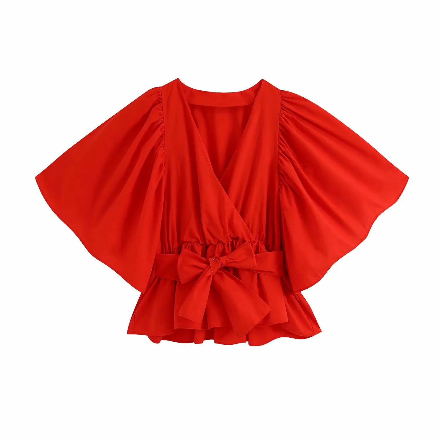 

2021 Summer Fashion Women Clothing Elastic Slim Waist Bow Red Shirt Female V-neck Ruffles Stitching Short Sleeve Blusas Chic Top