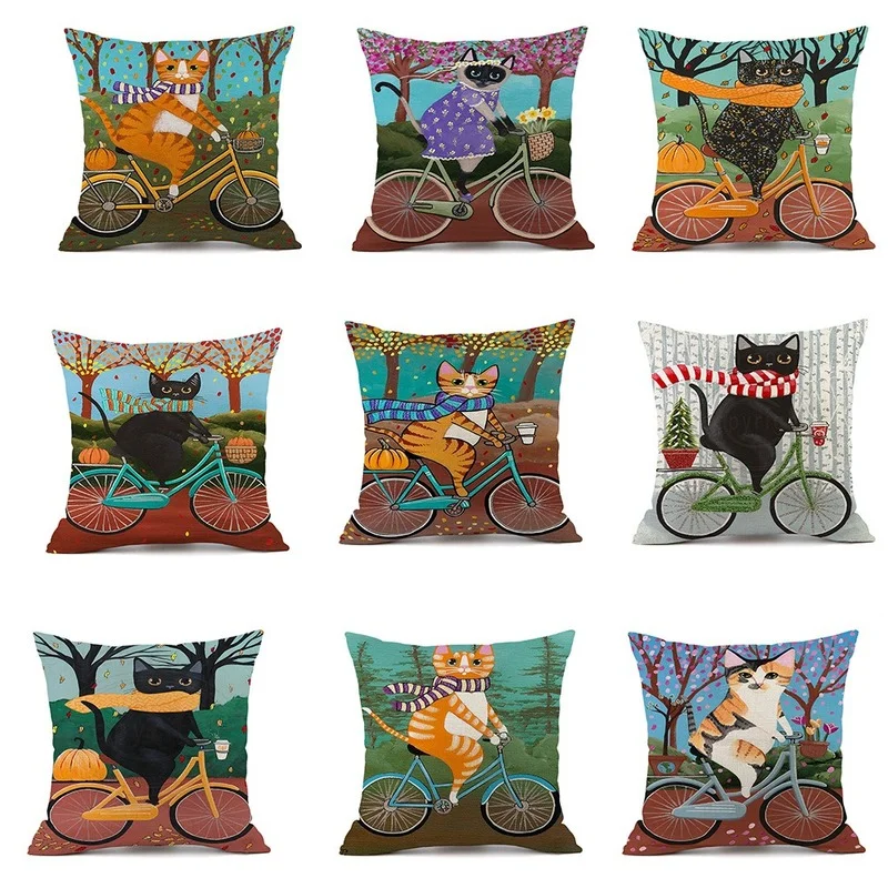 

Cartoon Black White Cat Pillowcase Cat Riding Bike Pillow Case Linen Cushion Case Pillow Cover New Year Xmas Cushion Cover