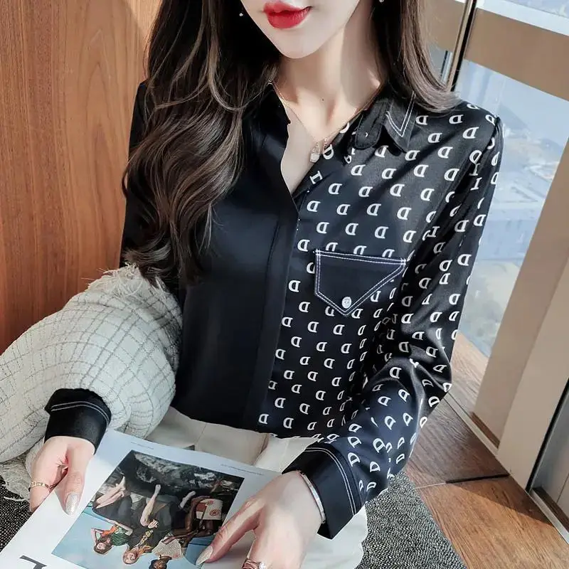 

Spring Chiffon Simple Office Lady Blouse Female Satin Shirt Tops Long Sleeve Casual Patchwork Korean OL Loose Blouses Women X293