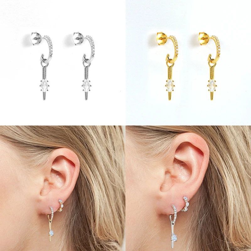 

100% Real S925 Sterling Silver Cubic Zirconia Stud Earring Cartilage Earring For Men Women C Shape Piercing Pendientes Jewelry