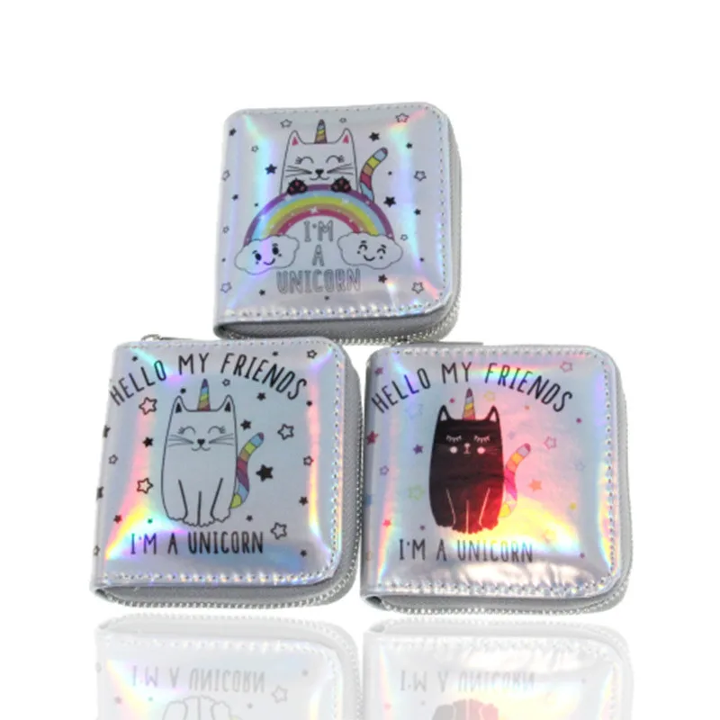Яркие Кожаные лазерные бумажники милый единорог животные студенческий