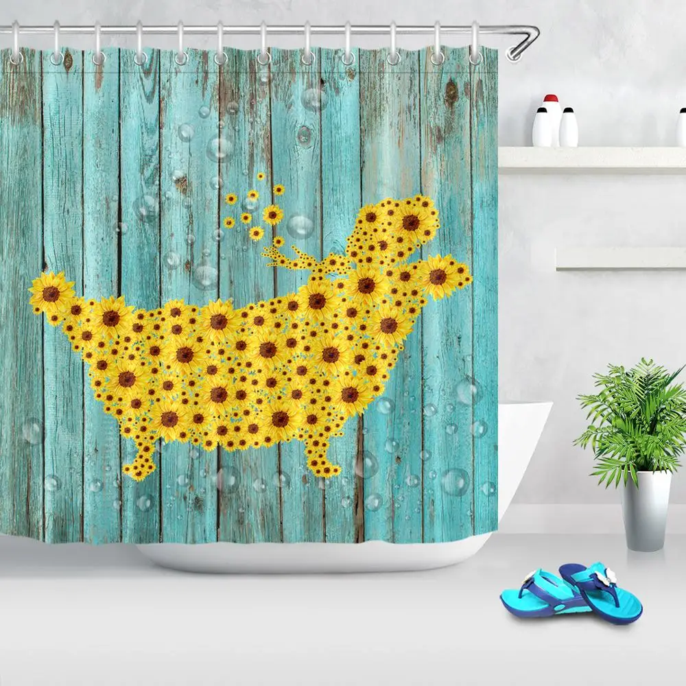 

Retro Wooden Board Sunflower Fabric Shower Curtains Creativity Bathtub Bathing Polyester Bath Curtain For Bathroom Waterproof