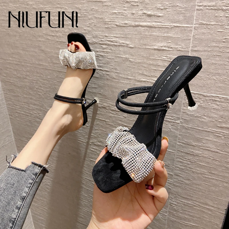 

NIUFUNI Fashion High Heels Women Sandals Rhinestone Stiletto Ladies Shoes Design Party Open Toe Sandals Slippers Slip On Slides