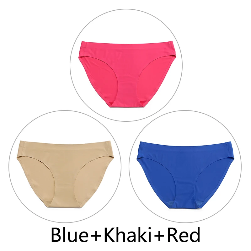Blue-Khaki-Red 3 шт./партия, цельные бесшовные трусики, женское шелковое нижнее белье, сексуальные трусы с полной спинкой, нижнее белье с низкой посадкой, женское мягкое эластичное, американский размер - Цвет: Blue-Khaki-Red