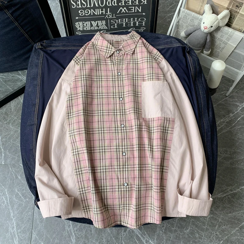 

Plaid shirt male spring Korean ins loose stitching pocket couple shirt