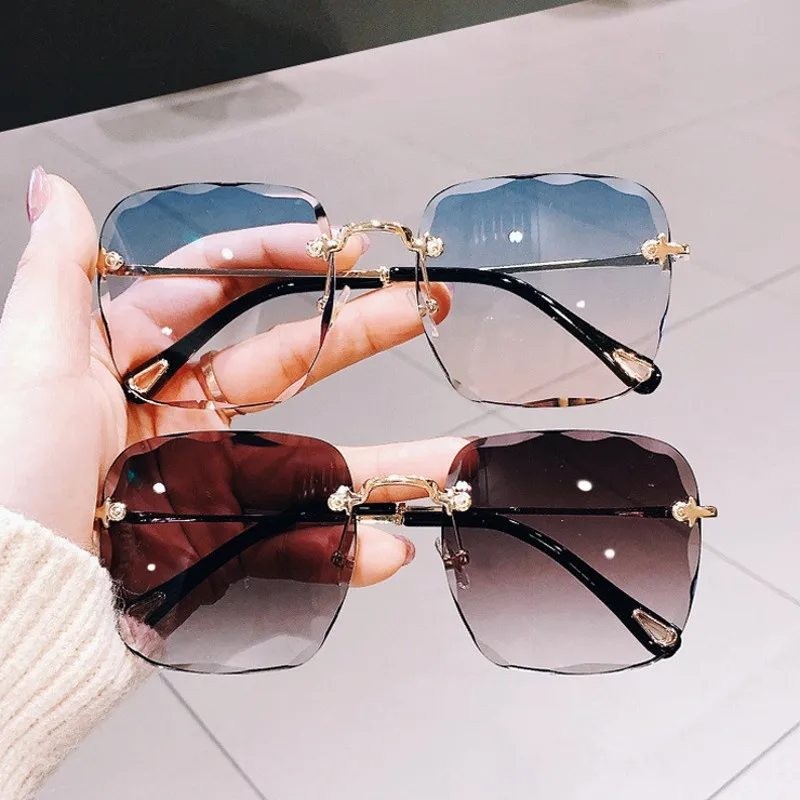 

2021 New Rimless Square Oversize Sunglasses Women Vintage Luxury Brand Designer Cutting Lens Gradient Sun Glasses