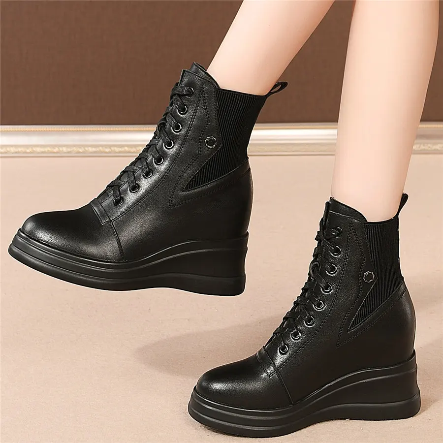 

Platform Wedges Ankle Boots Women Genuine Leather High Heel Pumps Shoes Female Knitting High Top Fashion Sneakers Casual Shoes