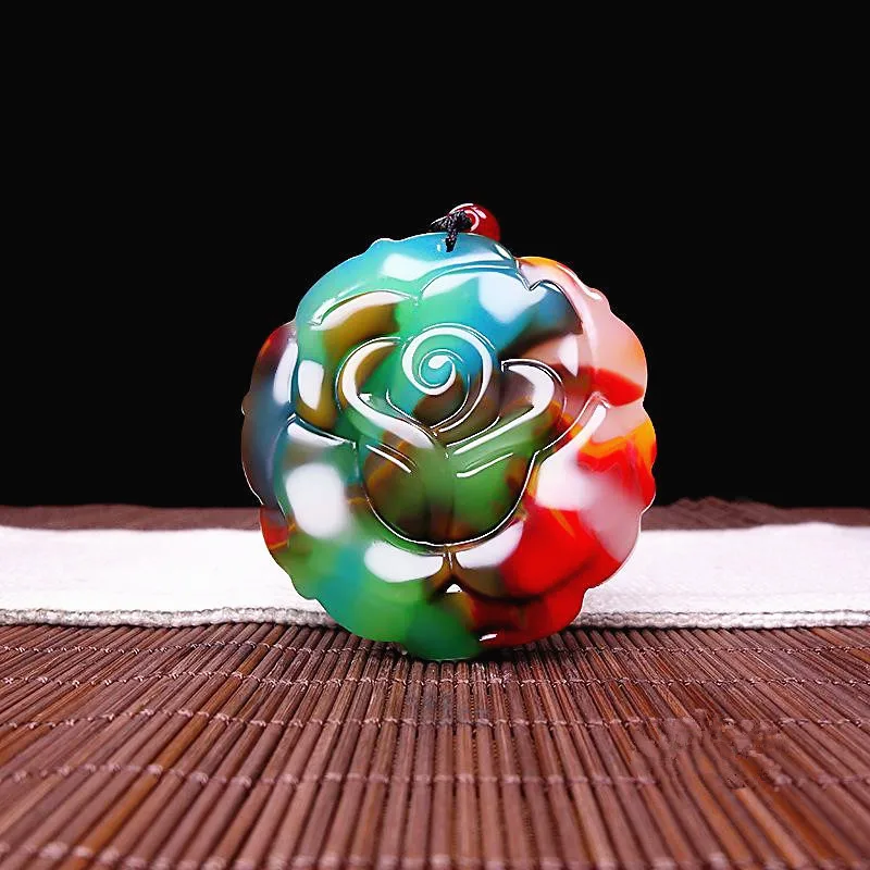 

Natural Color Jade Rose Flower Pendant Necklace Chinese Hand-Carved Charm Jewelry Fashion Amulet Accessories for Men Women Gifts