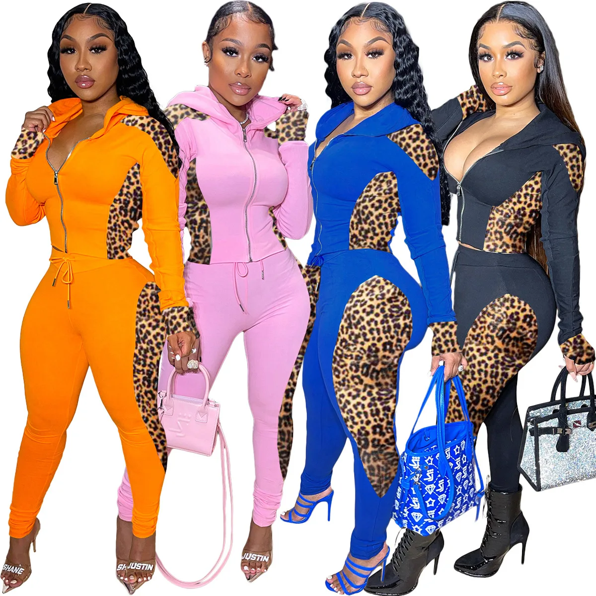 

2 Piece Set Suit Women Casual Leopard Patchwork Hooded Top+Pencil Pants Suit Fall Winter Tracksuit Outfits