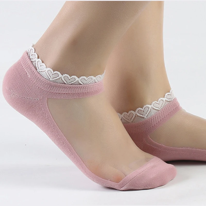 Calcetines Mujer Spring/Summer Women Cute Love Shap Lace Transparent Socks Femme Breathable Glass Silk Harajuku Crystal Meias