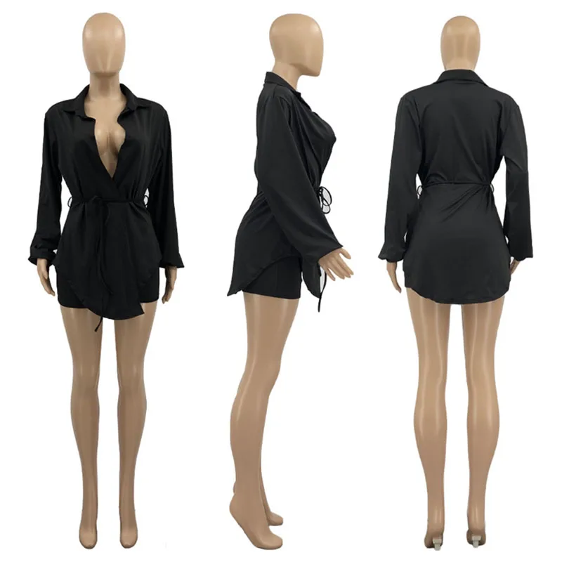 

Summer Casual Two Piece Set Women Long Sleeve Bandage Long Tops Biker Shorts Summer Outfits for Women Streetwear Matching Sets