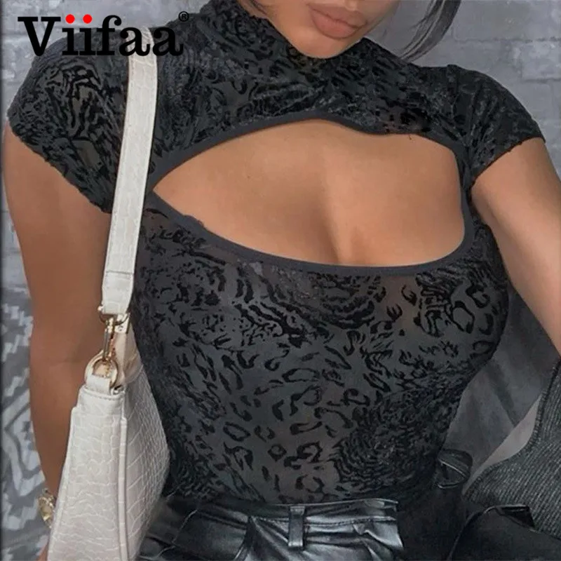 Viifaa Женская Прозрачная Футболка с вырезом и вырезами спереди цветочный сетчатый