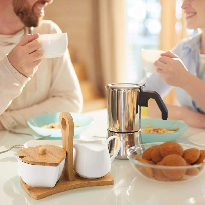 

Sugar Bowl and Creamer Set with Lid & Spoon Ceramic Cream Jug and Sugar Bowl with Wood Handle Coffee Serving Set