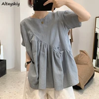 shirts women o neck short sleeve pockets asymmetrical loose solid simple all match korean style daily ladies a line female tops