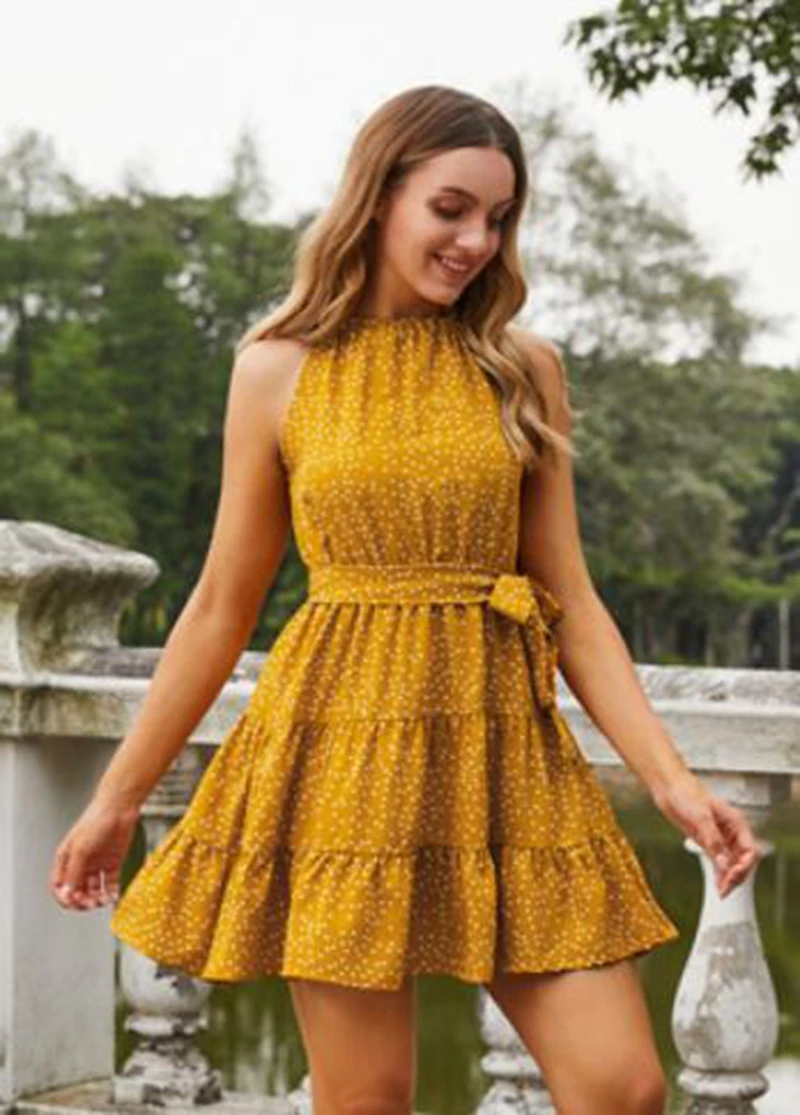 

Платье-трапеция с лямкой на шее для женщин, платье без рукавов с завязкой в горошек для взрослых, желтое, на лето