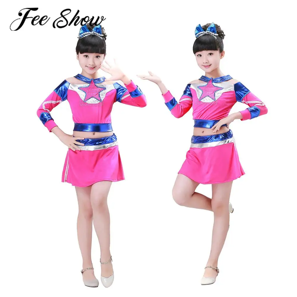 

Комплект одежды для девочек, Топ с длинным рукавом, мини-юбка со встроенными шортами и подкладкой, костюм для джазовых танцев, униформа для ч...