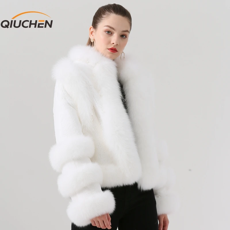 QIUCHEN PJ19044 Новое поступление шуба из натурального Лисьего меха с мехом кролика Рекс женская зимняя куртка модная модель горячая распродажа
