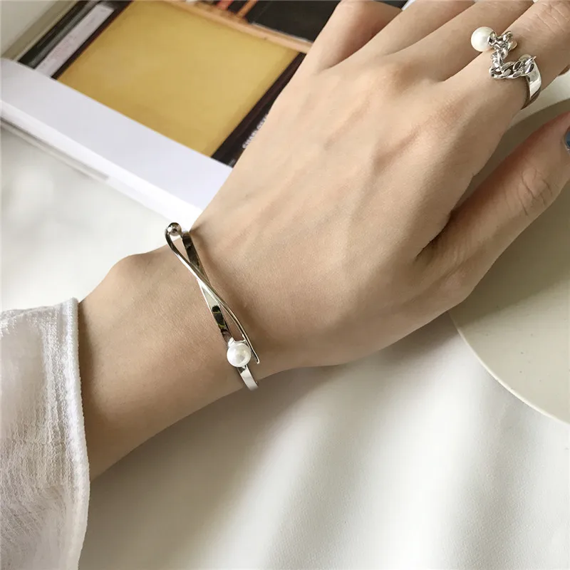 

POFUNUO Women Elegant 925 Sterling Silver Geometric Pearl Bracelet Female Stylish Wedding Birthday Fine Jewelry Gift Open Bangle