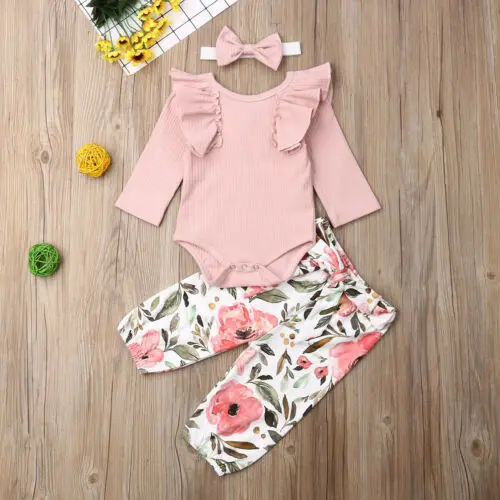 

0-24M Newborn Baby Girl Clothes Ruffle Romper Tops+Floral Pants+Headband Outfit Set