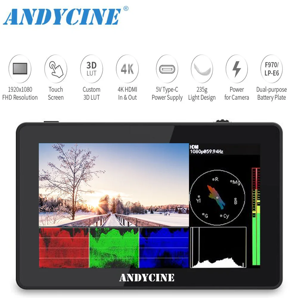 Andycine A6 Plus V2 Field Monitor 5 дюймовый сенсорный экран 4K форма волны / вектор область 3D LUT USB