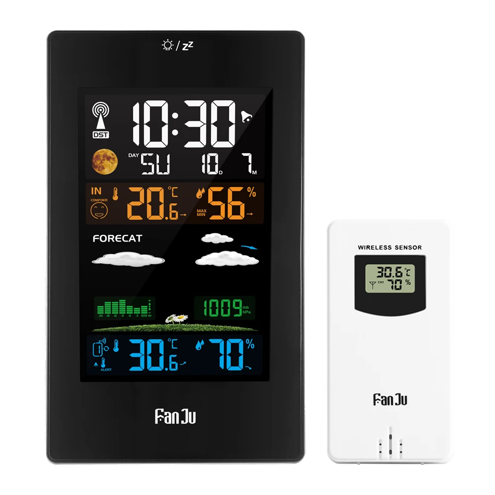 FanJu FJ3389 настенные часы цветная Метеостанция ЖК цифровой будильник Температура