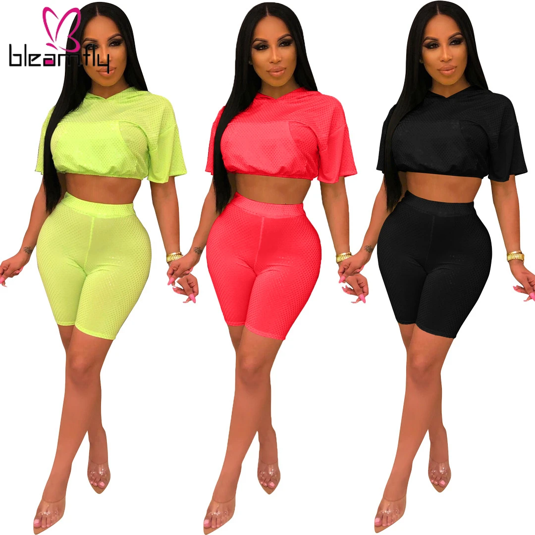 2019 женский осенне летний сетчатый топ с капюшоном и шорты комплект из двух