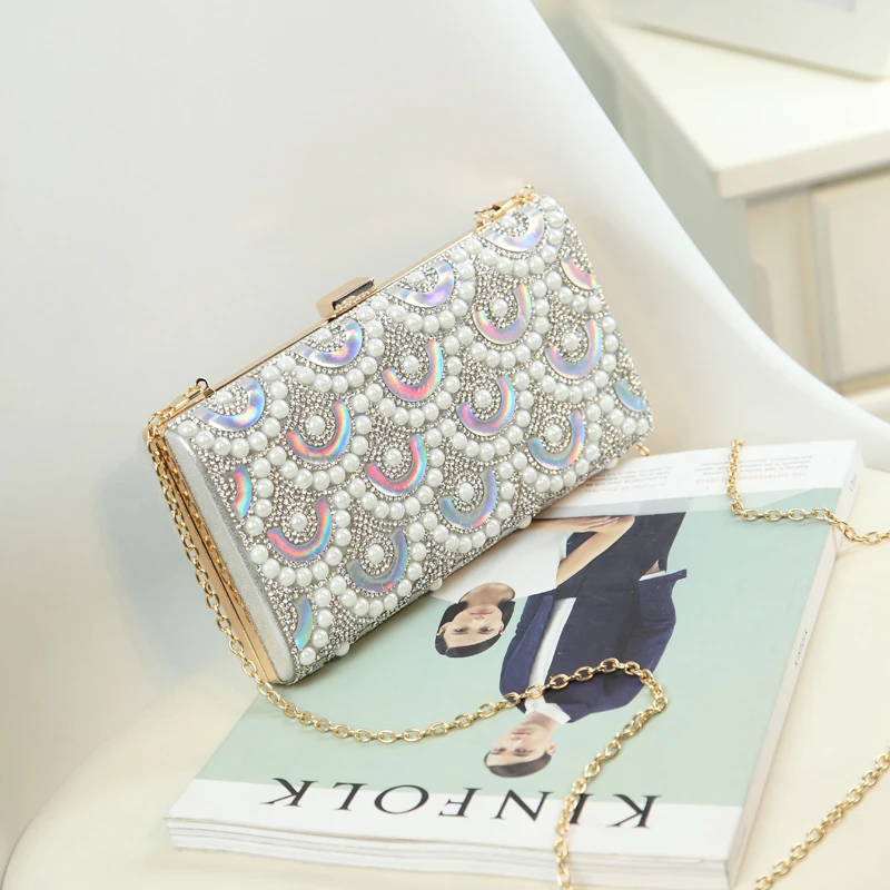 

Metal Diamonds Beaded Evening Clutch Bag Chain Shoulder bag for Women 2021 Handbags Pearl Rhinestones Evening Party Holder Purse