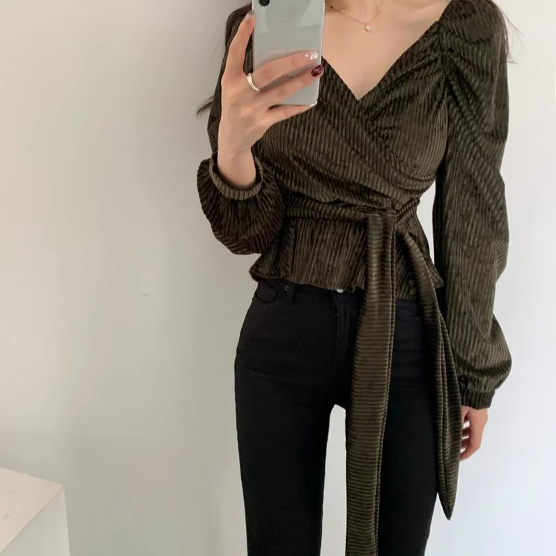 

ZAWAHIKI Velvet Solid V-neck Vintage Slim Waist Drawstring Women's Shirt 2021 Spring Ling Sleeve Korean Fashion Top Female