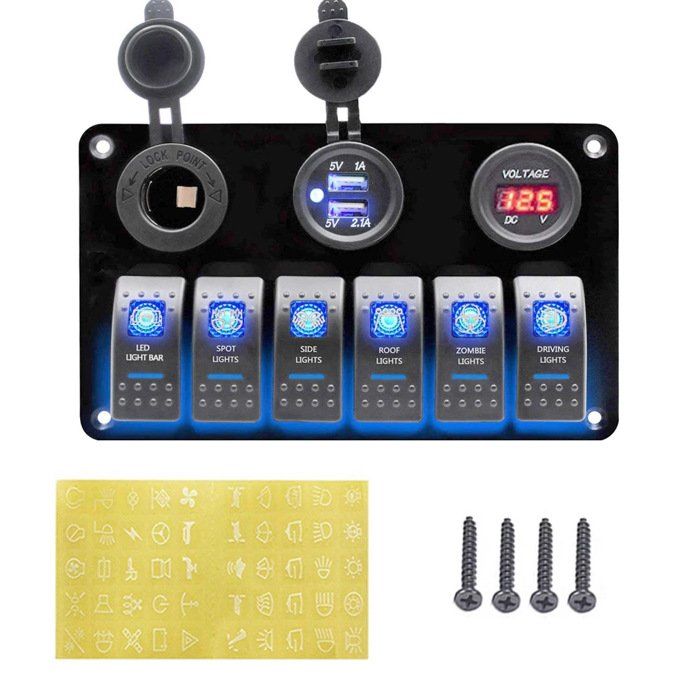 Blue LED 6 Gang 8 панель блока переключателей автоматический выключатель защита от перегрузки Автомобильная панель управления для лодки 12V~ 24V двойной USB Автомобильный цифровой вольтметр с быстрой зарядкой - Цвет: Blue LED 6 Gang