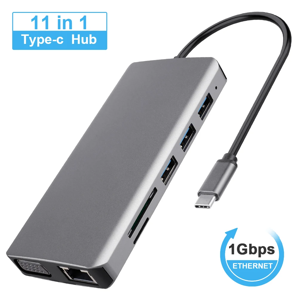 11 в 1 USB C концентратор Type данных с 4K HDMI SD TF кардридер 3 0 порт VGA rj453.5мм аудио адаптер