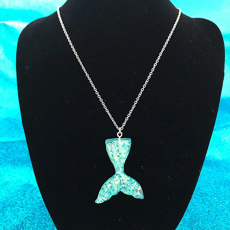 2019 Charm Crystal Mermaid Pendant Necklace Itanium Steel Cross Chain Fishtail Personality Colorful Women Jewelry Gift | Украшения и