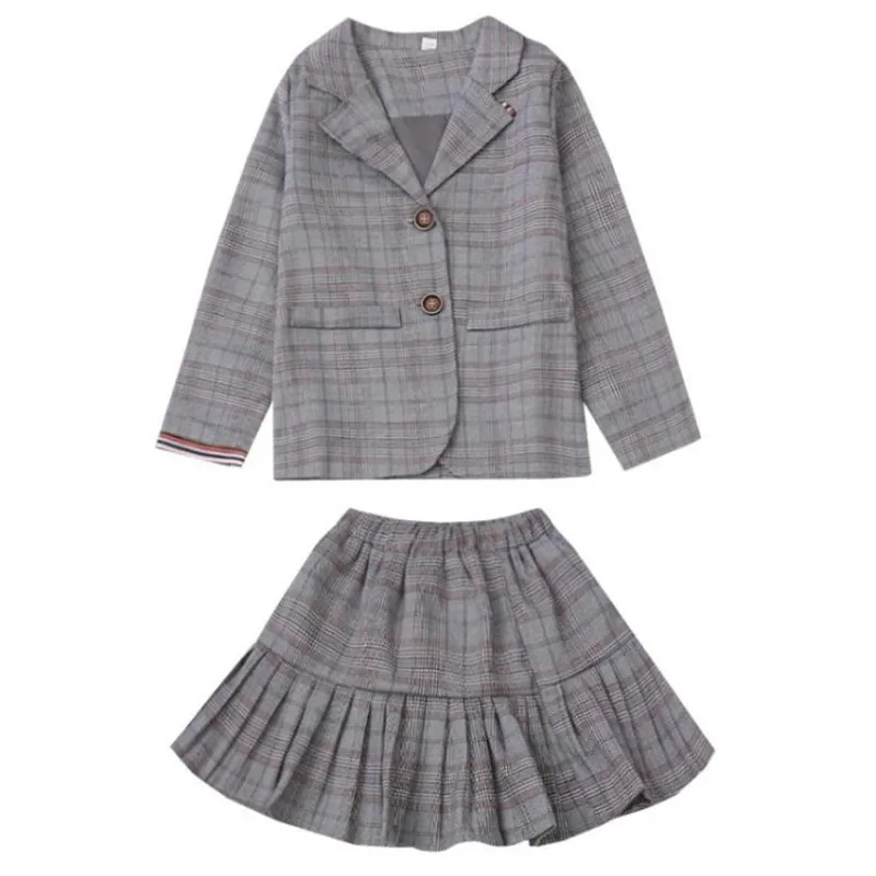 

DFXD/Одежда для подростков, девочек комплекты высокого качества осень вечерние Клетчатый костюм для 3-12Yrs для больших девочек однобортный пиджак пальто + юбка в складку