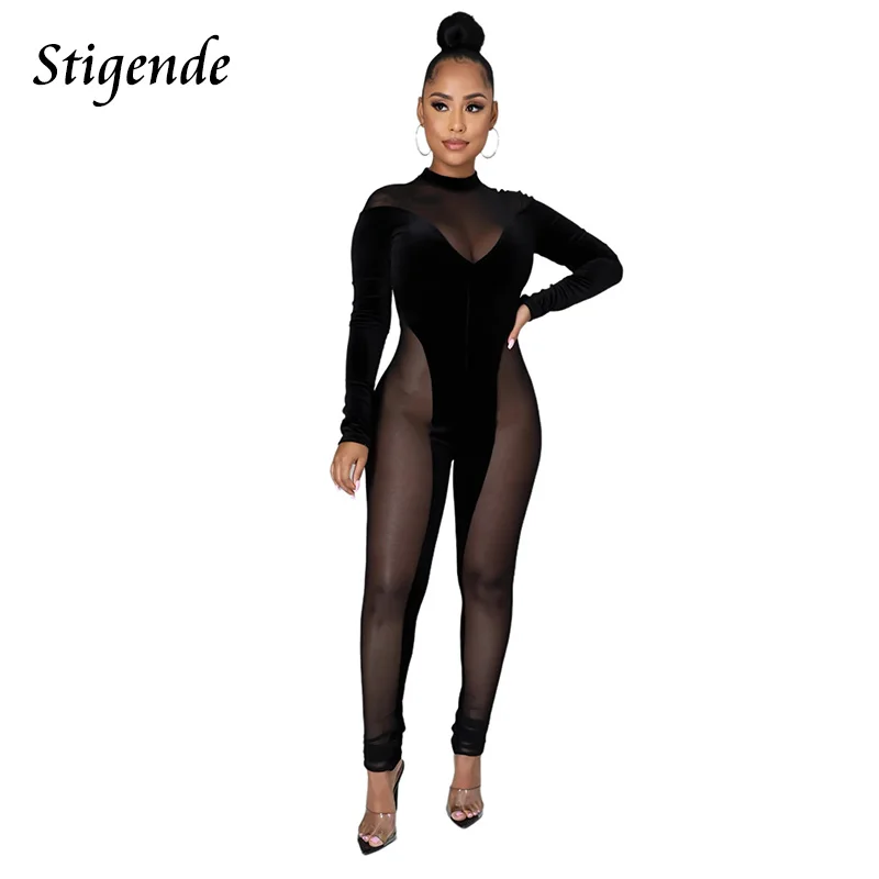 

Stigende Women Sexy See Through Mesh Patchwork Jumpsuit Long Sleeve Stretch Party Overall Slim Bodycon Transparent Club Jumpsuit