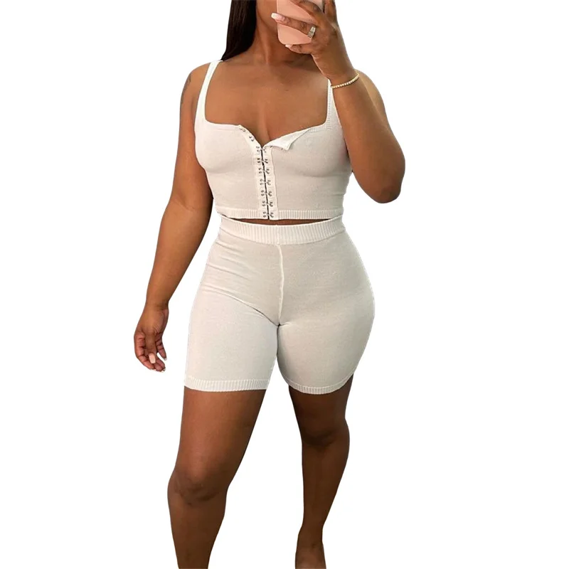 

Женский повседневный комплект одежды из 2 предметов, однотонный жилет с открытым пупком + эластичные шорты, Женский комплект без рукавов