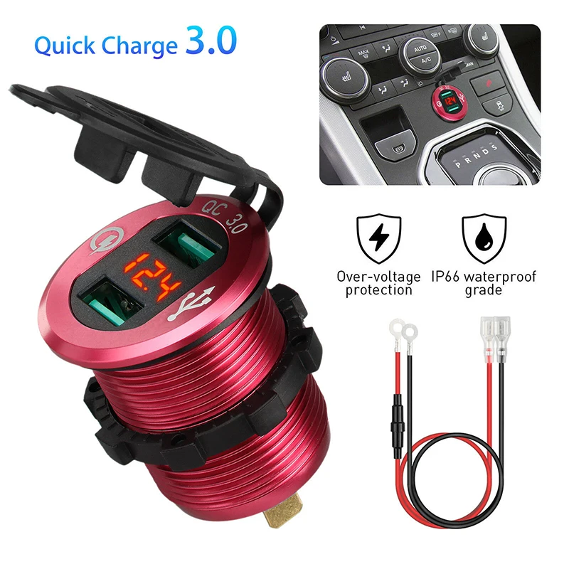 5V 3A Dual USB Car Charger QC 3.0 Cigarette Lighter Socket Splitter Quick Charger Power Adapter Outlet 10A Fuse Metal DC 12V/24V