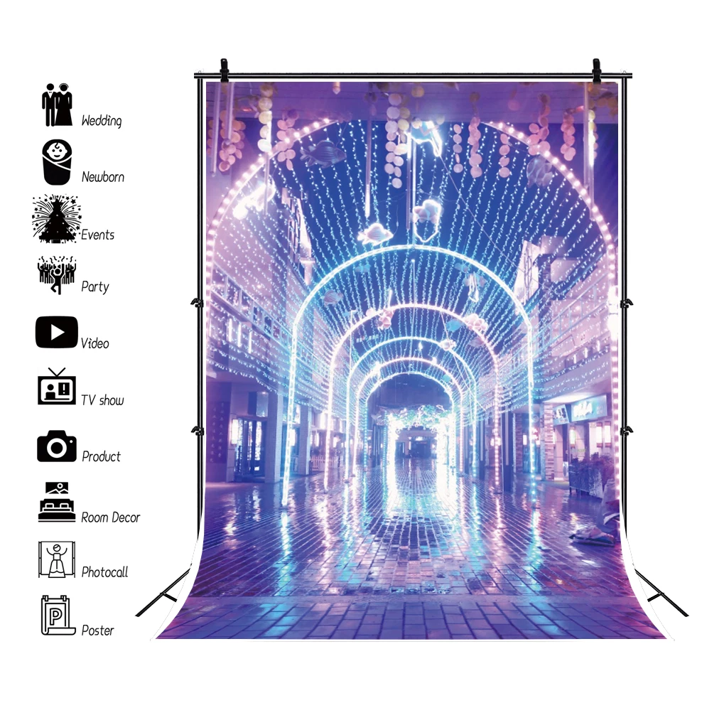 Laeacco Старый город Фэнтези синяя лампочка свет праздник вечерние живописные Фото