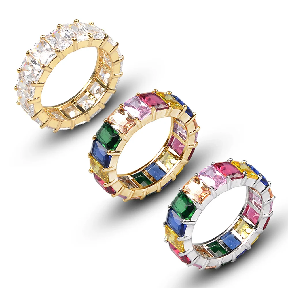 

2021 Summer New Rainbow Ring Fashion Multicolor Baguette CZ Cubic Zirconia Finger Ring For Women Gold Silver Color Jewelry