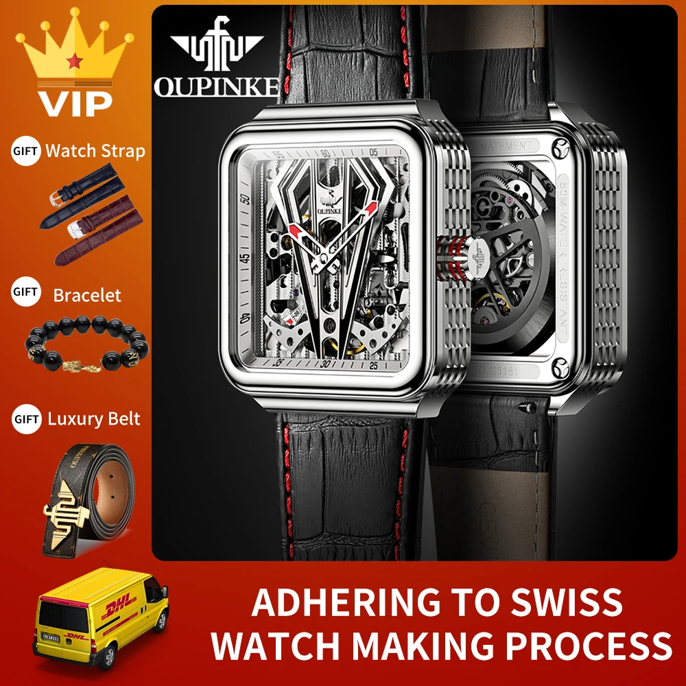 

Часы OUPINKE Мужские механические, автоматические деловые прозрачные Спортивные наручные часы-скелетоны с сапфировым стеклом и квадратным ко...