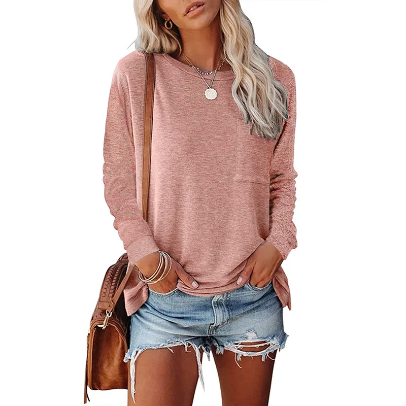 

European and American Women's Fall/winter 2021 Round Neck Pocket Split Long-sleeved Casual Loose Top T-shirt